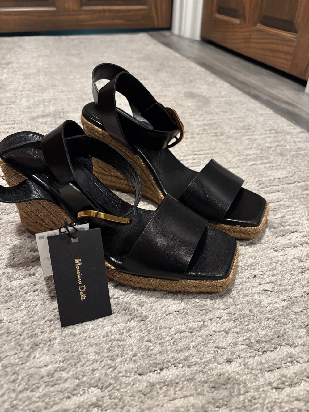 Massimo Dutti Black Leather Espadrille Wedges with Jute  size 10 - Picture 3 of 6